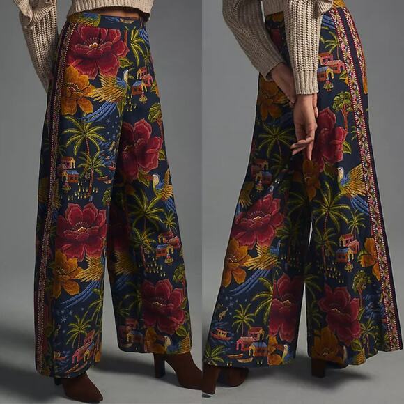 FARM Rio Pants - Farm Rio for Anthropologie Tropical Printed Wide-Leg Pants Blue/Red M